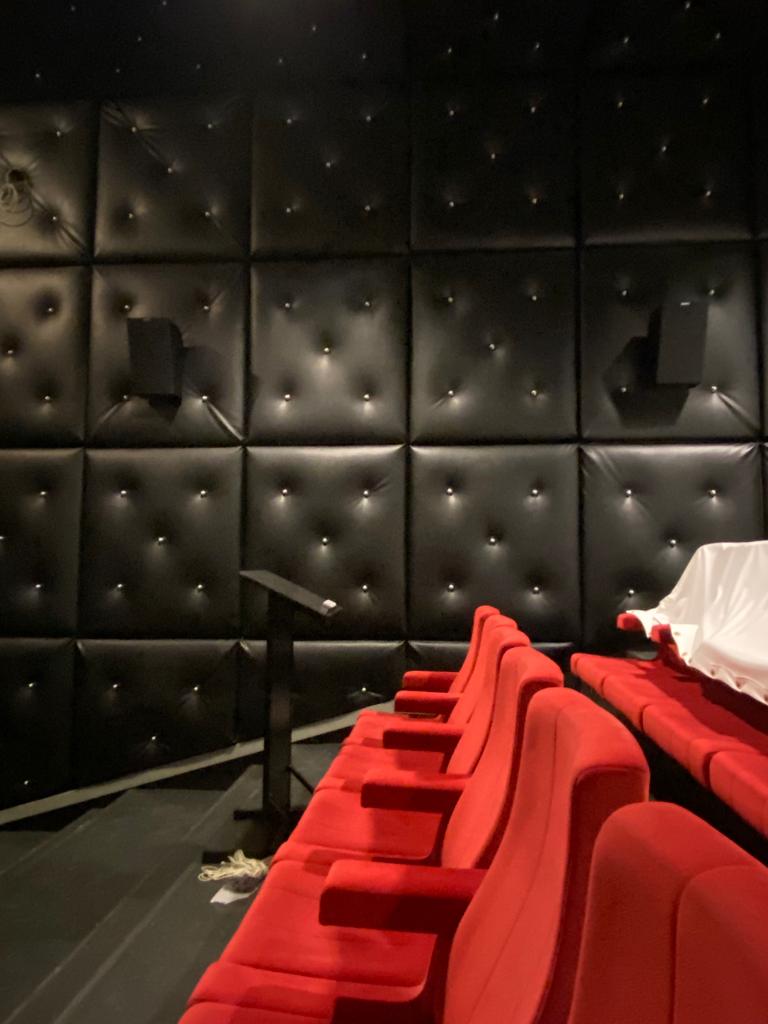 Thuisbioscoop met rode bioscoopstoelen en akoestische wandpanelen — FixxHub.eu AV Consultancy